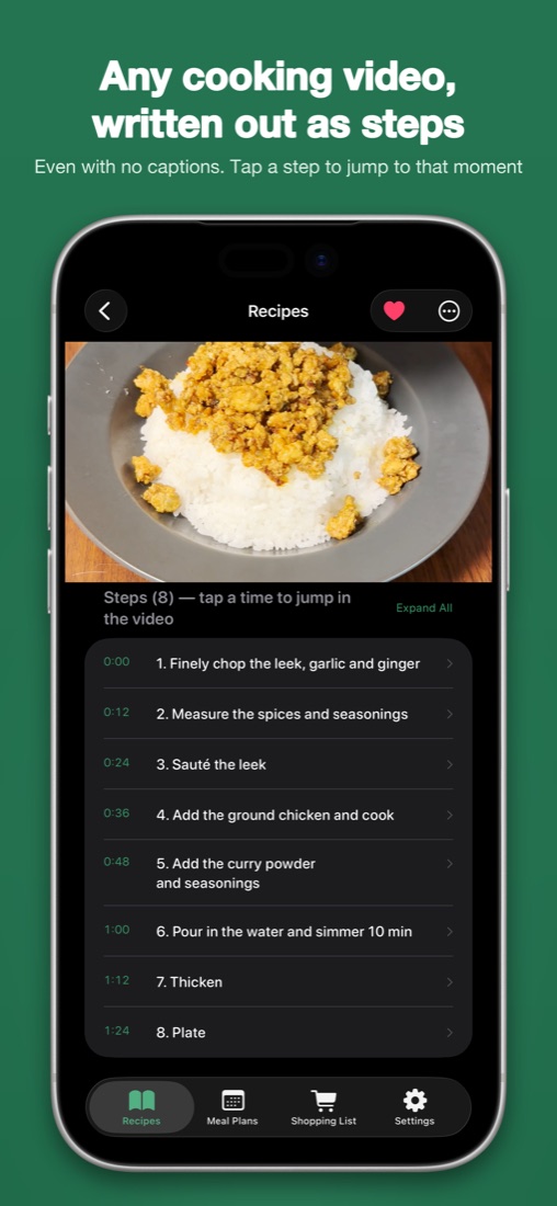 Recipe screen: steps written out from a cooking video, each linked to a moment in the video