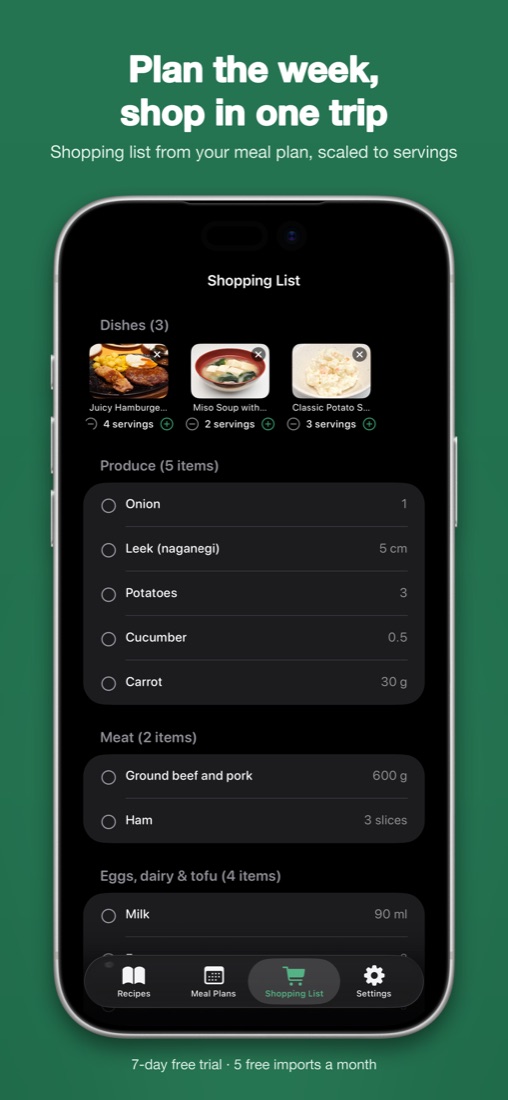 Shopping list built from a meal plan
